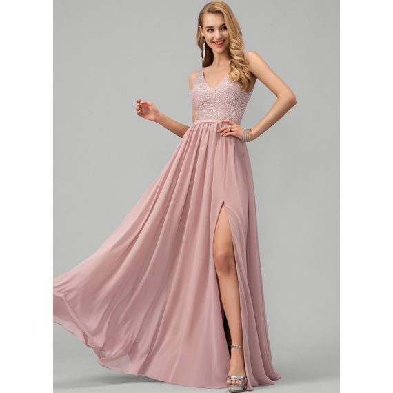 A-line V-Neck Floor-Length Chiffon Prom Dresses With Beading Sequins