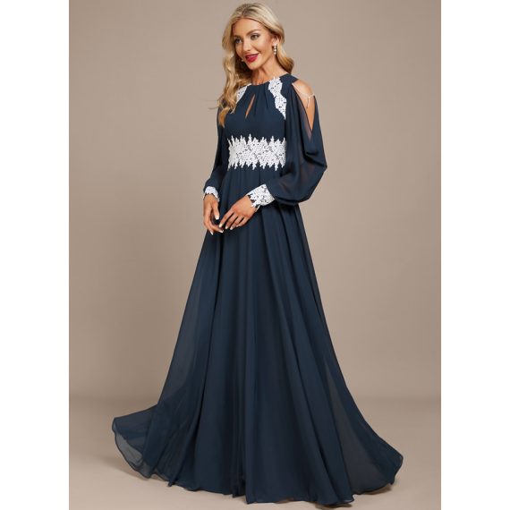 A-Line Scoop Floor-Length Chiffon Evening Dress With Beading Appliques Lace Pleated