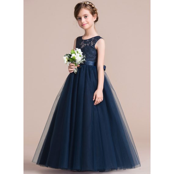 Ball-Gown/Princess Scoop Floor-length Lace Satin Tulle Junior Bridesmaid Dress With Sash