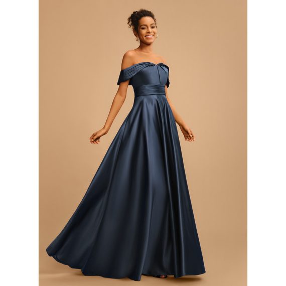 A-Line Off-the-Shoulder Floor-Length Satin Prom Dresses With Pleated