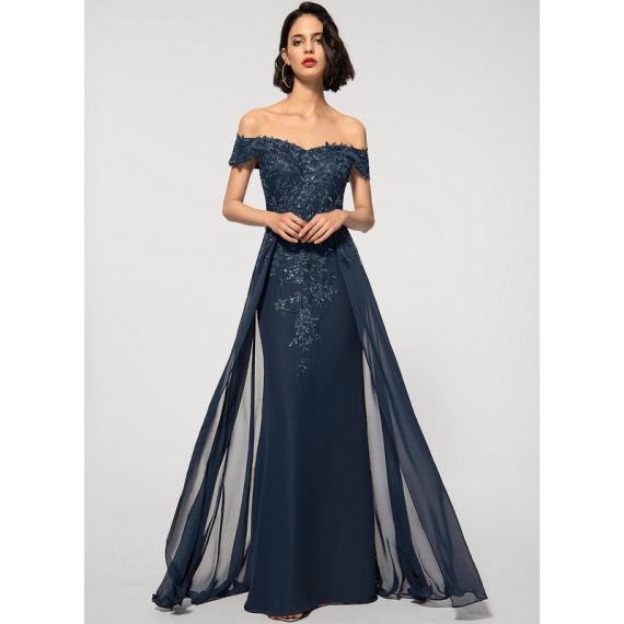 Sheath/Column Off-the-Shoulder Floor-Length Chiffon Lace Evening Dress With Sequins