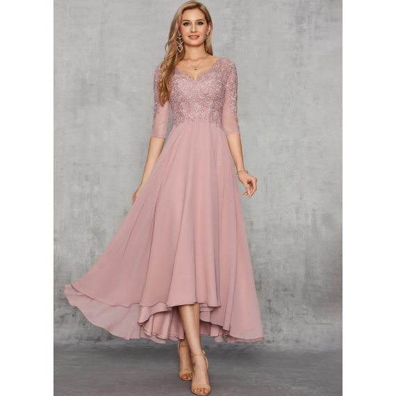 A-Line V-neck Asymmetrical Chiffon Lace Evening Dress With Rhinestone