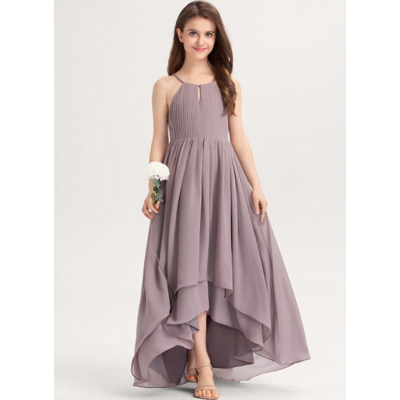 A-Line Halter Asymmetrical Chiffon Junior Bridesmaid Dress With Bow(s)