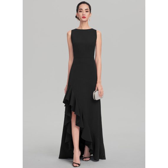 A-Line Scoop Asymmetrical Stretch Crepe Evening Dress With Ruffle