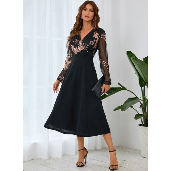 Sequins V-Neck Long Sleeves Elegant A-line Cotton Blends Midi Dresses