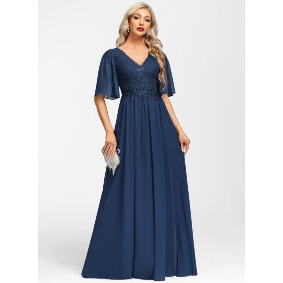 A-line V-Neck Floor-Length Chiffon Lace Mother of the Bride Dress With Sequins
