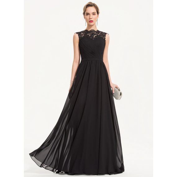 A-Line High Neck Floor-Length Chiffon Lace Evening Dress With Pleated