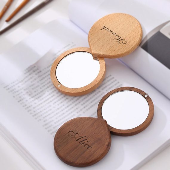 Bridesmaid Gifts - Personalized Elegant Vintage Glass Wooden Engraved Compact Mirror