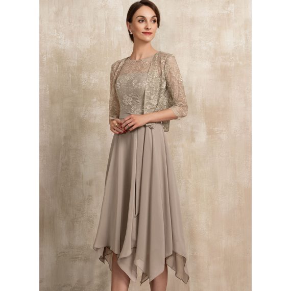 A-Line Scoop Illusion Tea-Length Chiffon Lace Mother of the Bride Dress With Bow(s)