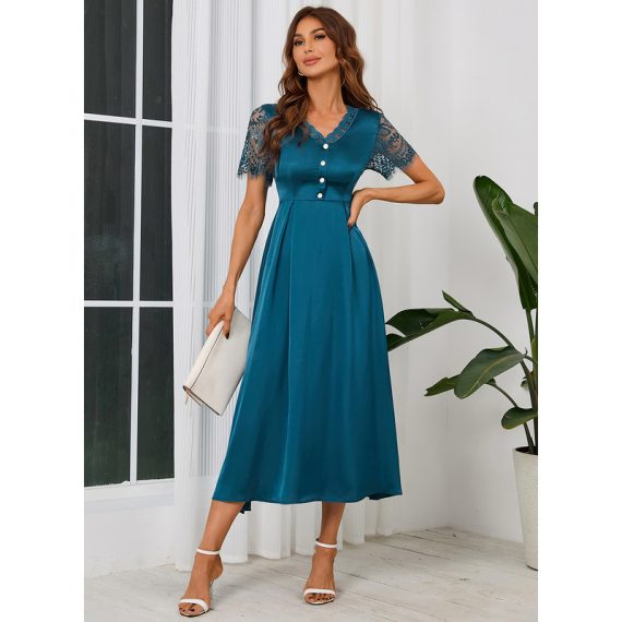 V-Neck Short Sleeves Elegant A-line Satin Midi Dresses