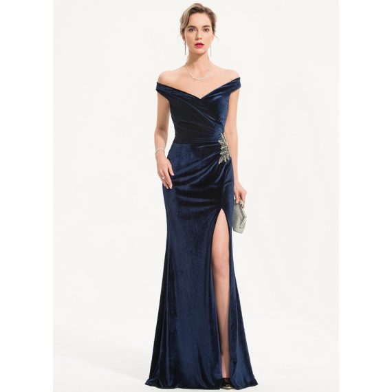 Sheath/Column Off-the-Shoulder Floor-Length Velvet Evening Dress With Beading Pleated