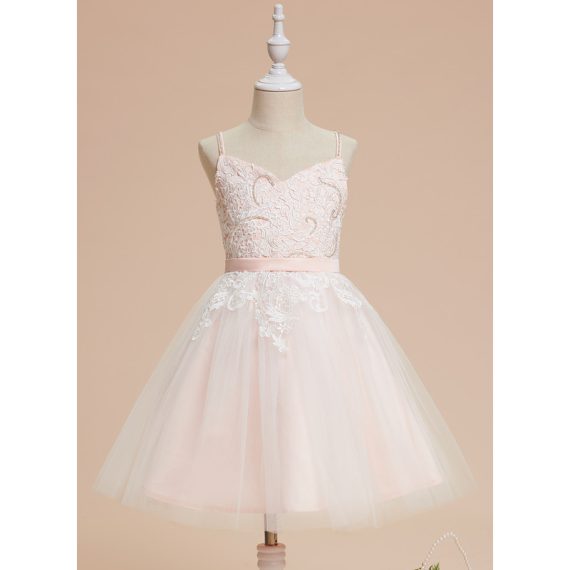 A-line V-Neck Knee-Length Lace/Tulle Flower Girl Dress