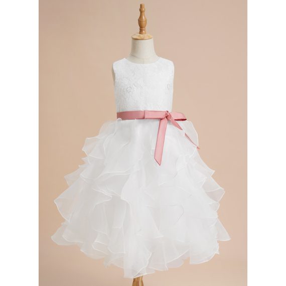 Ball-Gown/Princess Scoop Tea-Length Lace/Organza Flower Girl Dress