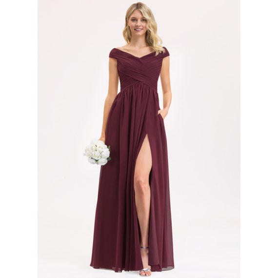 A-Line Off-the-Shoulder Floor-Length Chiffon Bridesmaid Dress With Ruffle Split Front Pockets