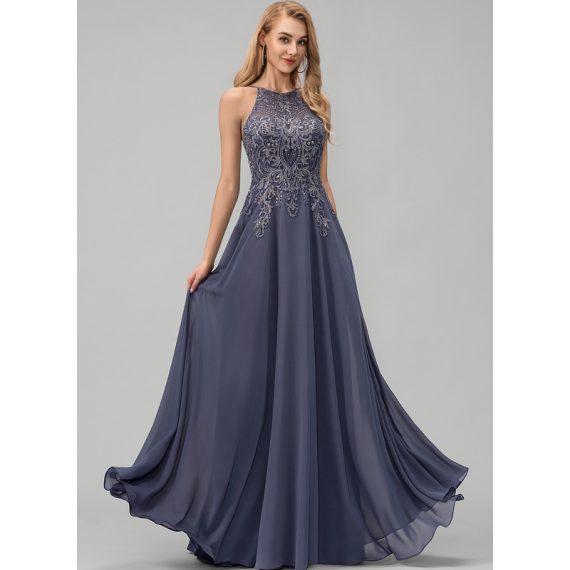 A-Line Scoop Floor-Length Chiffon Lace Evening Dress With Sequins