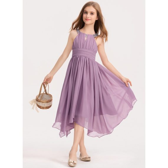 A-Line Halter Tea-Length Chiffon Junior Bridesmaid Dress With Beading