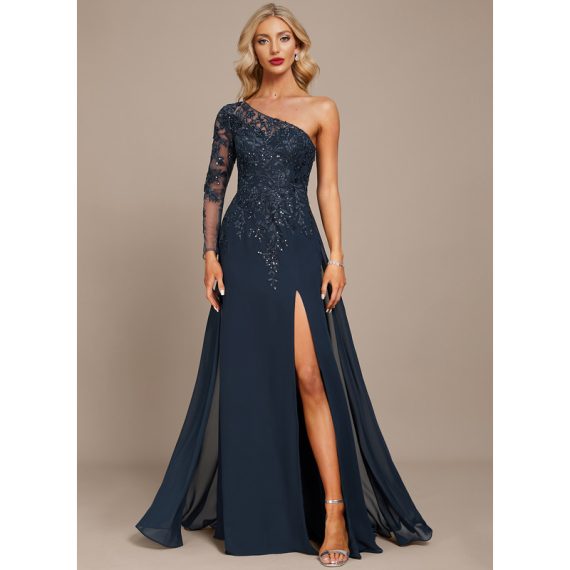 Sheath/Column One-Shoulder Floor-Length Chiffon Lace Evening Dress With Sequins