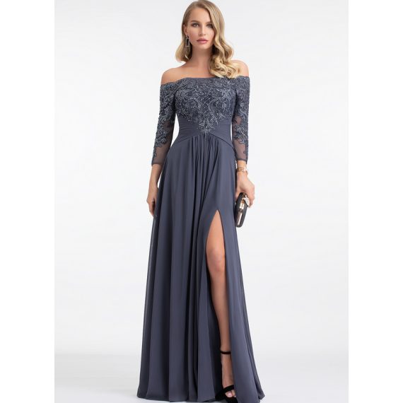 A-Line Off-the-Shoulder Floor-Length Chiffon Lace Evening Dress With Beading Sequins Pleated