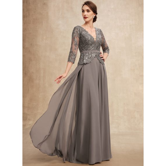 A-line V-Neck Floor-Length Chiffon Lace Evening Dress With Sequins