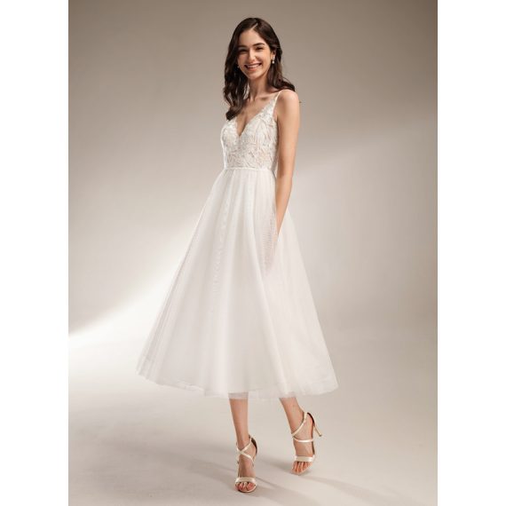 A-Line V-neck Tea-Length Tulle Lace Wedding Dress