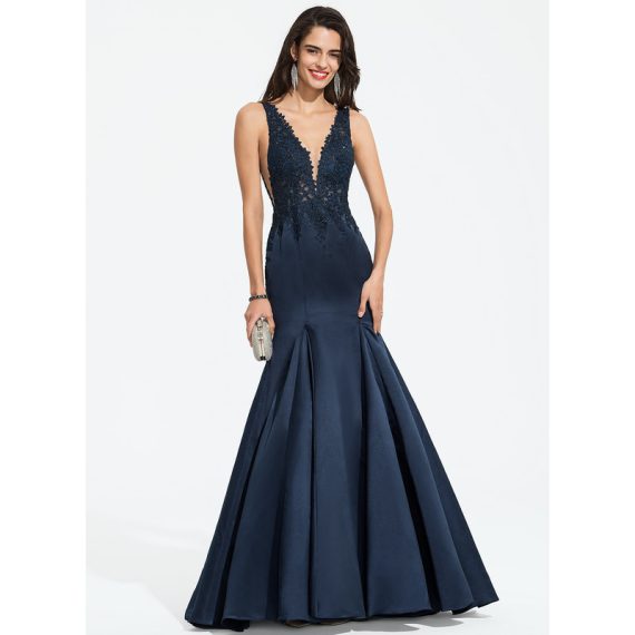 Trumpet/Mermaid V-Neck Sweep Train Lace Satin Prom Dresses With Beading