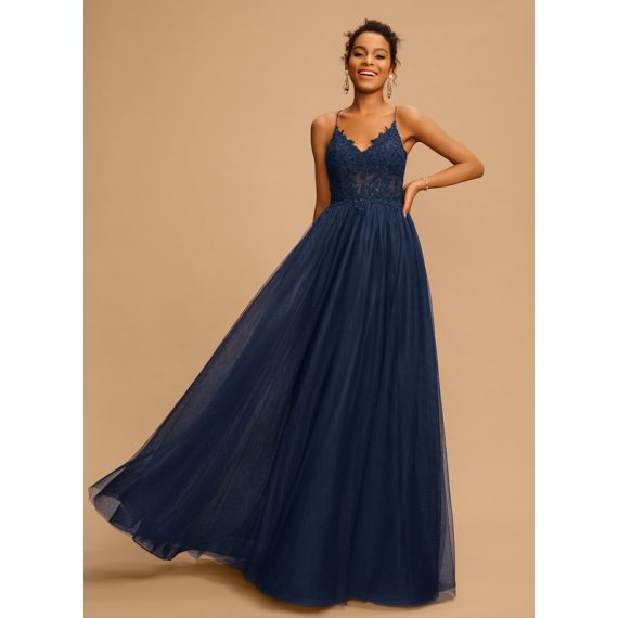 A-line V-Neck Floor-Length Tulle Prom Dresses With Beading Sequins