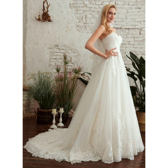 A-Line Sweetheart Court Train Tulle Wedding Dress With Lace