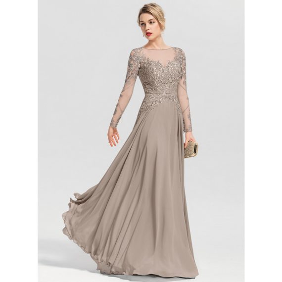 A-Line Scoop Illusion Floor-Length Chiffon Lace Evening Dress With Beading Sequins