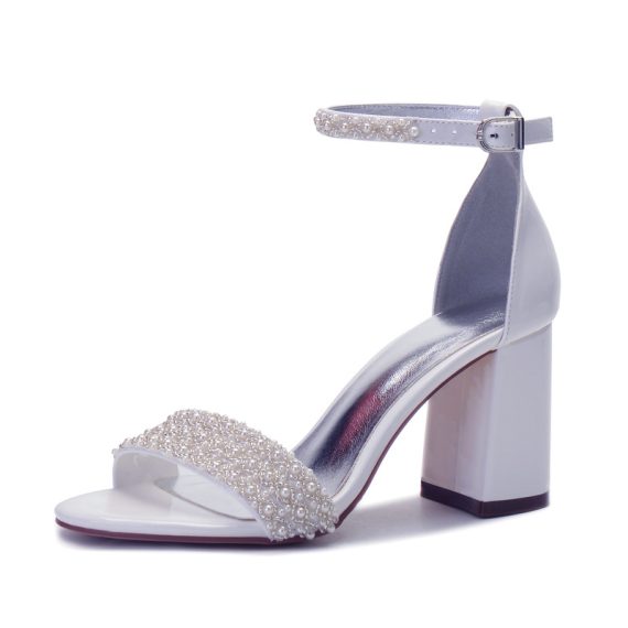 Women's Leatherette High Heel Block Heel open Toe With ankle strap Pearl & Imitation Pearl