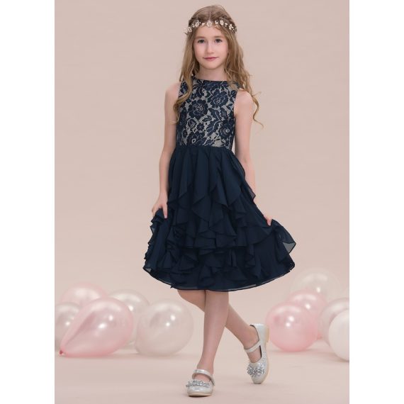 A-Line Scoop Knee-Length Chiffon Lace Junior Bridesmaid Dress With Cascading Ruffles