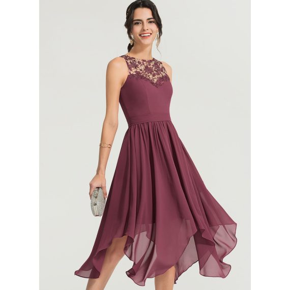 A-Line Scoop Asymmetrical Chiffon Lace Cocktail Dress