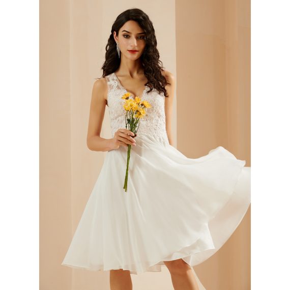 A-Line V-neck Knee-Length Chiffon Lace Wedding Dress With Sequins
