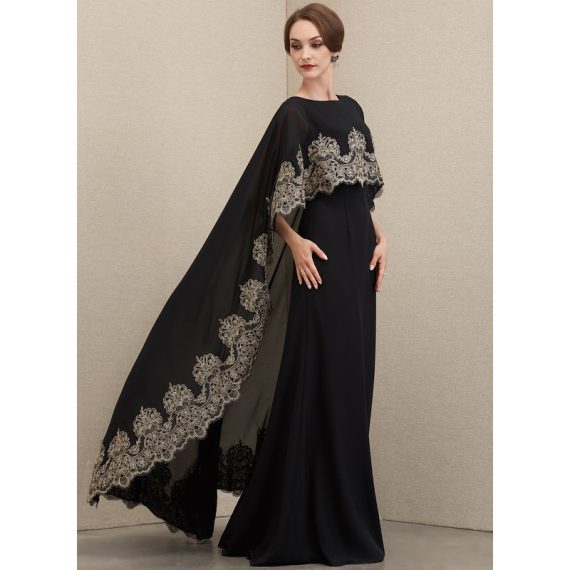 A-Line Boat Neck Floor-Length Chiffon Evening Dress With Appliques Lace