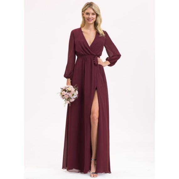 A-Line V-neck Floor-Length Chiffon Bridesmaid Dress With Bow(s) Pleated
