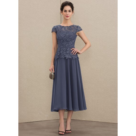 A-line Scoop Tea-length Chiffon Lace Mother of the Bride Dress