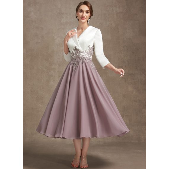 A-Line V-neck Tea-Length Chiffon Satin Cocktail Dress With Appliques Lace