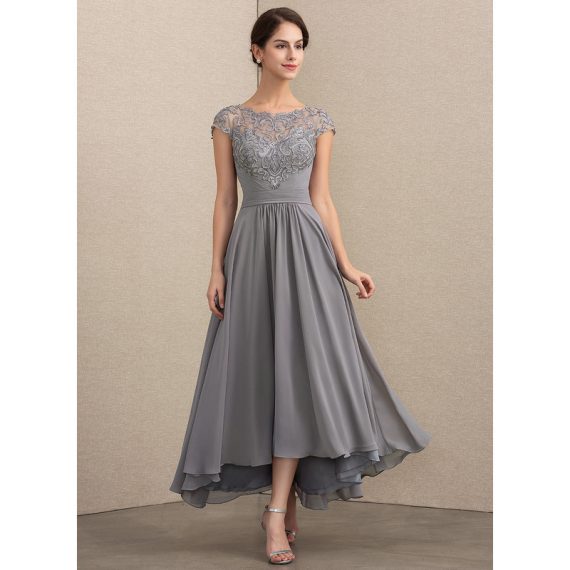 A-Line Scoop Illusion Asymmetrical Chiffon Lace Mother of the Bride Dress With Pleated
