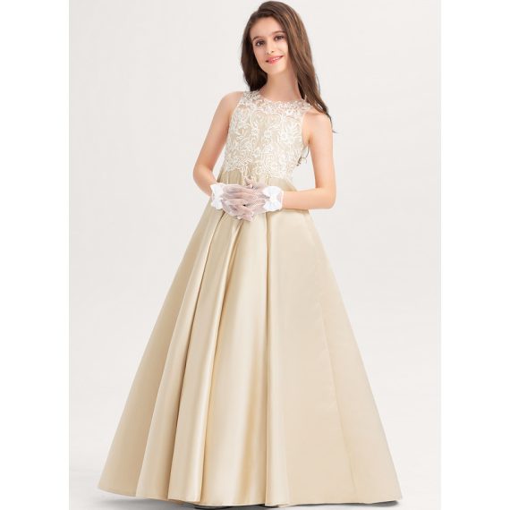 Ball-Gown/Princess Scoop Floor-length Lace Satin Junior Bridesmaid Dress