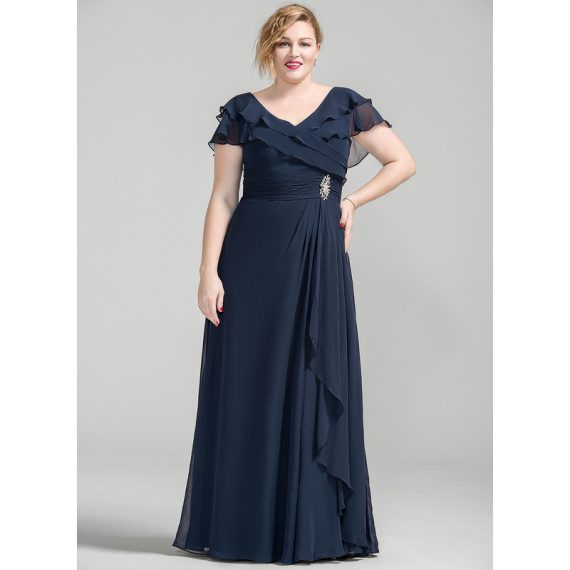 A-Line V-neck Floor-Length Chiffon Mother of the Bride Dress With Crystal Brooch Cascading Ruffles