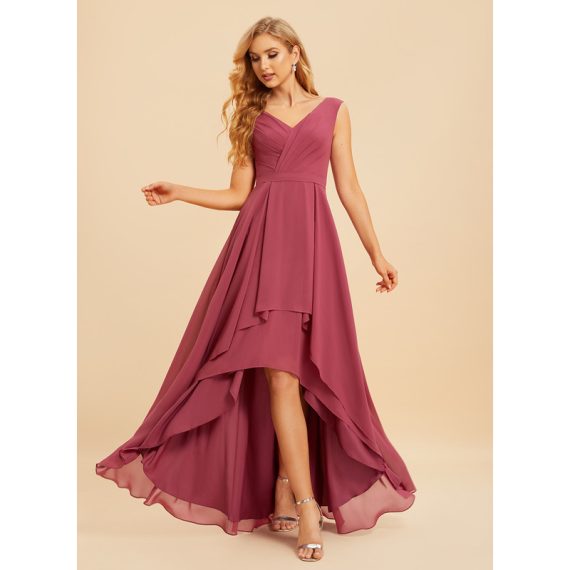A-Line V-neck Asymmetrical Chiffon Bridesmaid Dress With Ruffle