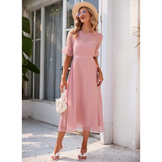 Round Neck 1/2 Sleeves Elegant A-line Chiffon Midi Dresses