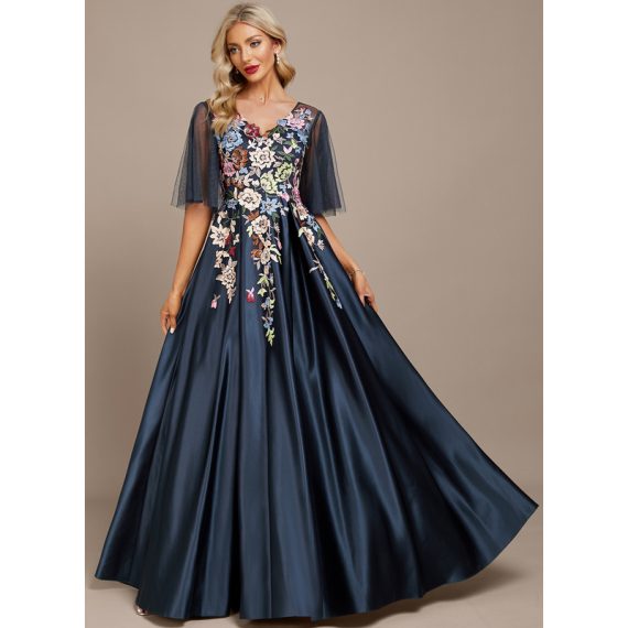 A-Line V-neck Floor-Length Satin Tulle Lace Evening Dress