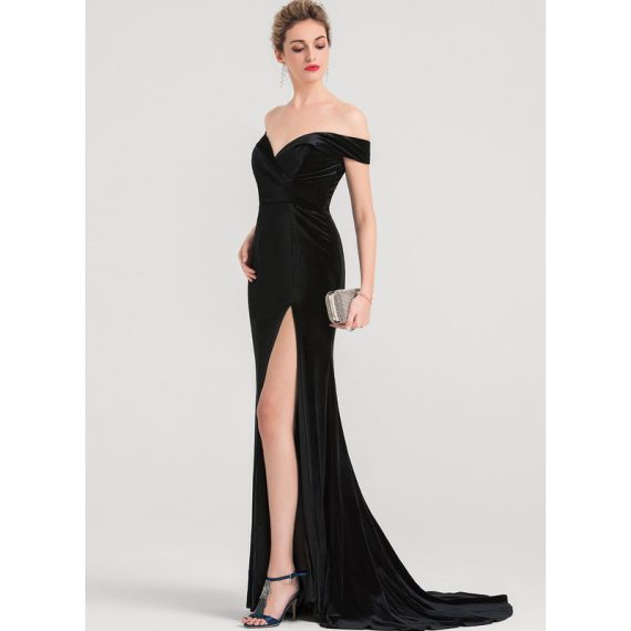 Trumpet/Mermaid Off-the-Shoulder Sweep Train Velvet Evening Dress