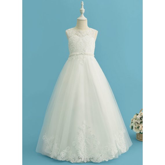 Ball-Gown/Princess Scoop Floor-Length Lace/Tulle Flower Girl Dress