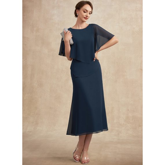 Sheath/Column Scoop Tea-length Chiffon Mother of the Bride Dress