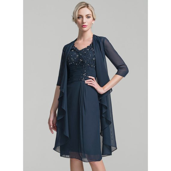 Sheath/Column V-Neck Knee-length Chiffon Lace Mother of the Bride Dress With Beading Ruffle Sequins