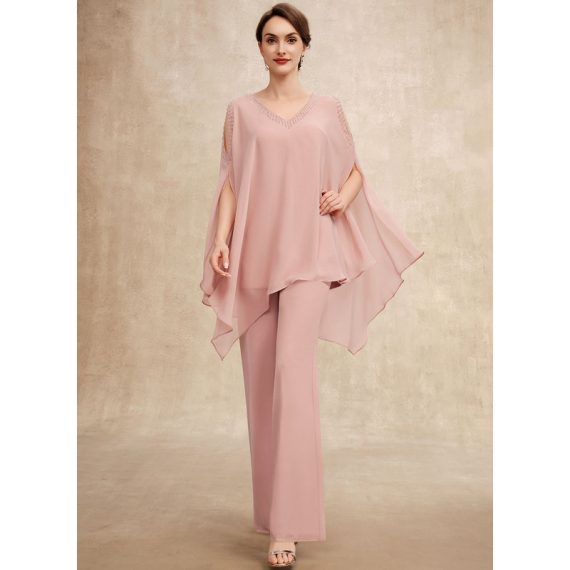 Jumpsuit/Pantsuit Separates V-neck Floor-Length Chiffon Mother of the Bride Dress With Beading