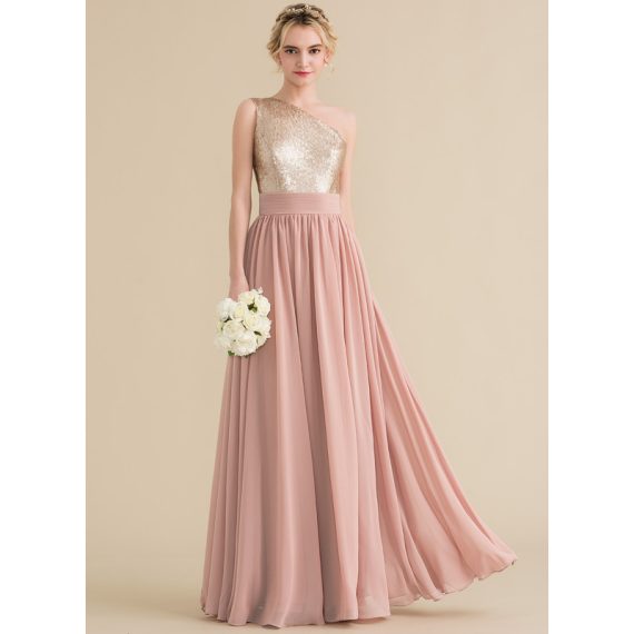 A-Line One-Shoulder Floor-Length Chiffon Sequined Bridesmaid Dress