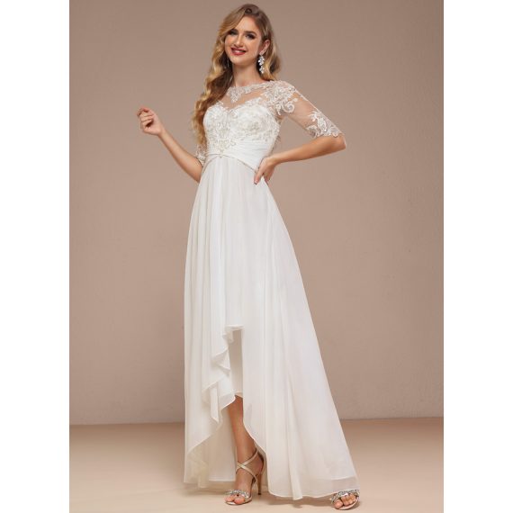 A-Line Boat Neck Asymmetrical Chiffon Lace Wedding Dress