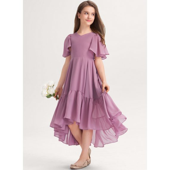A-Line V-neck Asymmetrical Chiffon Junior Bridesmaid Dress
